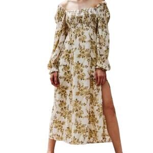 Free People Jaymes Cream Floral Printed Smocked V Neck Long Sleeve Midi Dress- M